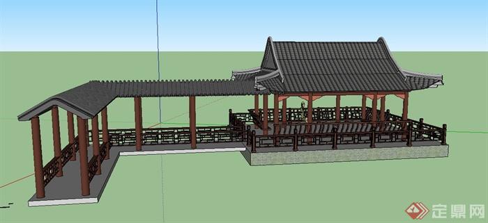 古典中式四角观水亭与廊架设计SU模型(3)