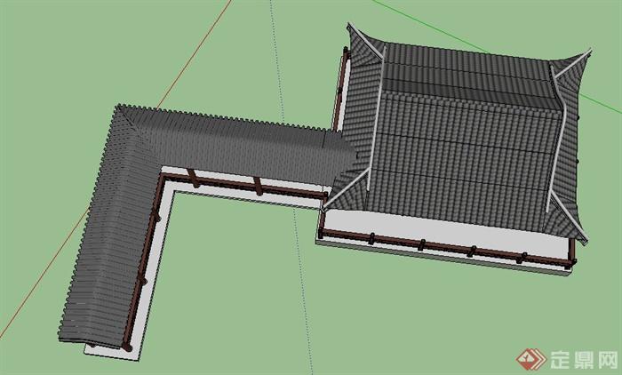 古典中式四角观水亭与廊架设计SU模型(4)