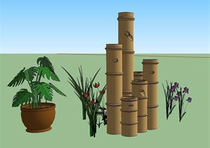 园林景观节点竹制小品与花钵设计SU(草图大师)模型