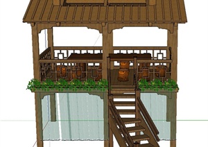 木质长方形重檐亭、水帘设计SU(草图大师)模型