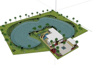 某现代两层别墅建筑、庭院小花园设计SU(草图大师)模型