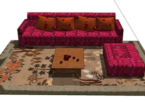 室内红色系沙发茶几设计SU(草图大师)模型