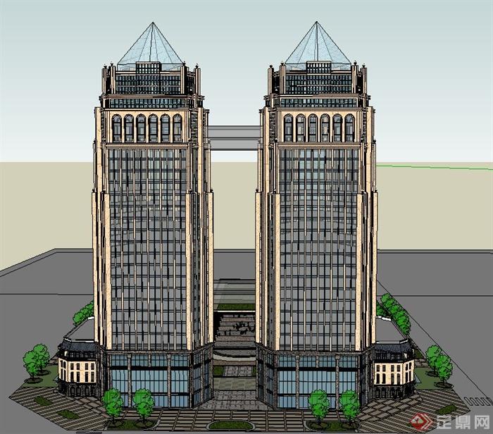 法式裙房商业街综合建筑设计SU模型(1)
