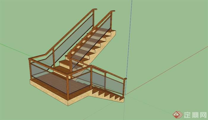 某现代中式玻璃围栏楼梯设计SU模型(1)