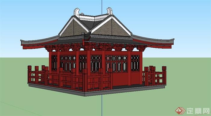 古典中式方形休闲凉亭设计SU模型(3)