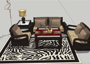 现代风格室内沙发茶几边柜组合设计SU(草图大师)模型