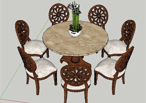七人木质圆桌椅设计SU(草图大师)模型