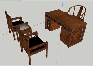 古典中式木质桌椅茶几设计SU(草图大师)模型