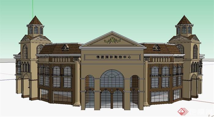 欧式风格三层弧形购物中心建筑设计SU模型(1)