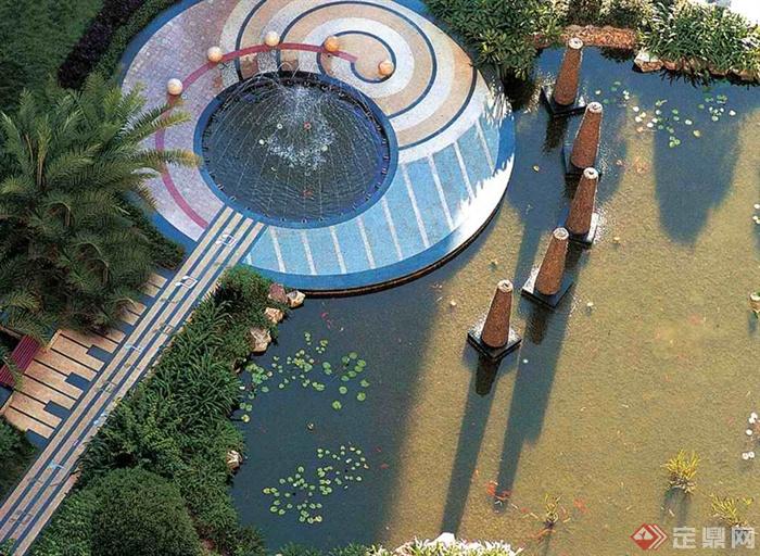 喷泉水池,景观水池,拼花铺装棕榈