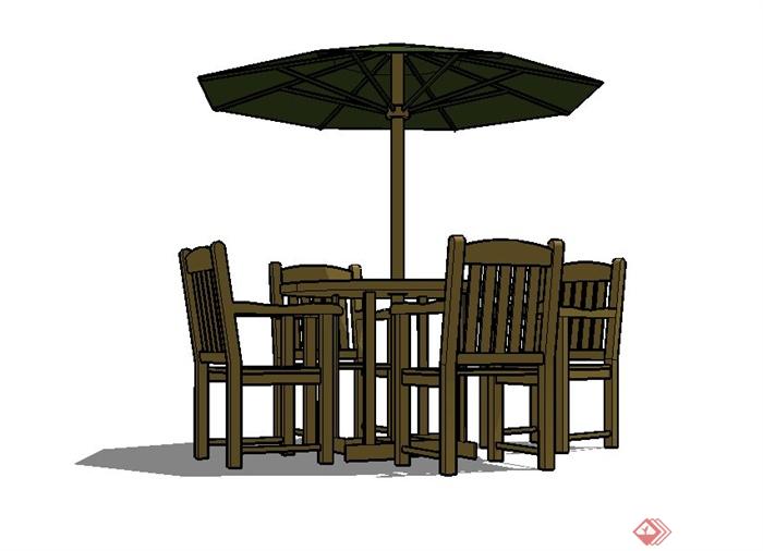 室外木质桌椅遮阳伞设计SU模型(3)