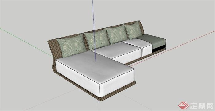 日式藤编L型沙发SU模型(1)