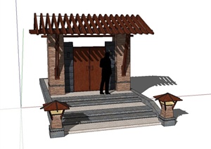 现代中式四合院入口门廊设计SU(草图大师)模型