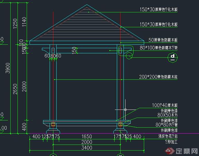 园林景观节点四角景观亭设计CAD结构图(1)