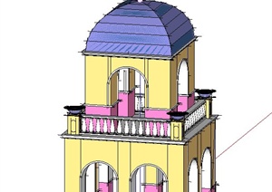 方形两层塔楼建筑设计SU(草图大师)模型