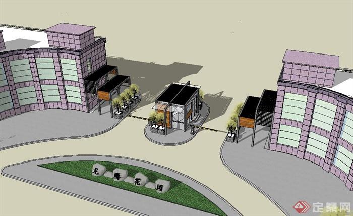某现代住宅小区大门设计su模型（含商业建筑）(4)