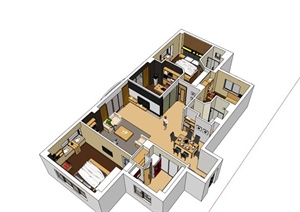 现代大三居室室内设计SU(草图大师)模型