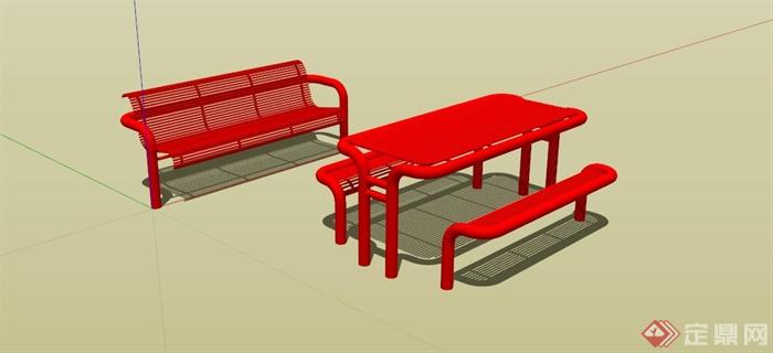 现代户外红色镂空桌椅组合SU模型(1)