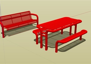 现代户外红色镂空桌椅组合SU(草图大师)模型