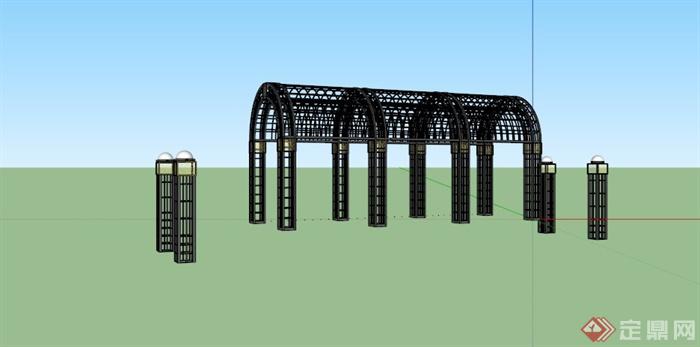 现代中式拱形钢结构花廊架SU模型(3)