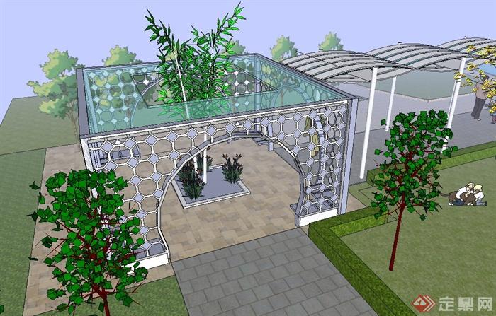 园林景观节点亭子廊架组合设计SU模型(2)