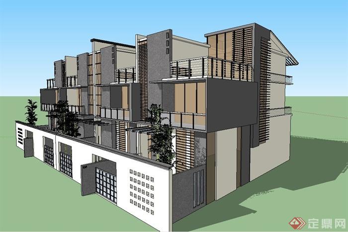 三层联排中式别墅建筑设计SU模型(2)