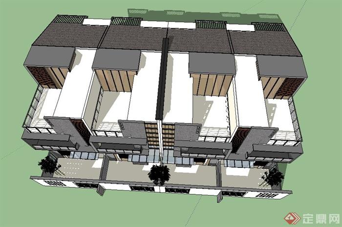 三层联排中式别墅建筑设计SU模型(4)