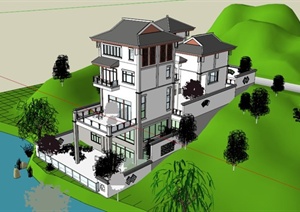 现代中式多层山体别墅设计SU(草图大师)模型