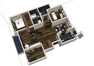 现代品质两居室设计SU(草图大师)模型