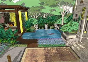 东南亚风格两层别墅建筑与景观设计SU(草图大师)模型