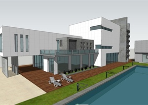 现代风格别墅建筑设计SU(草图大师)模型含泳池