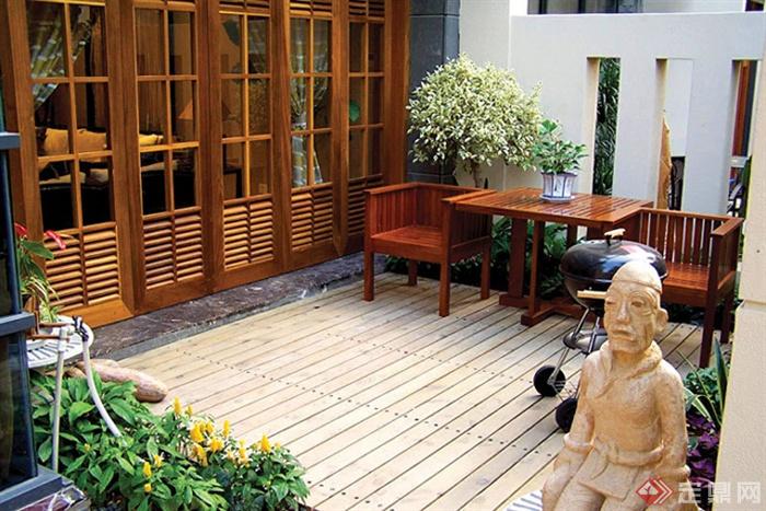 庭院景观,木桌椅,人物雕塑