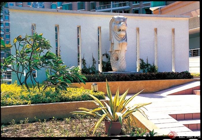 景墙,狮头鱼身雕塑,花池
