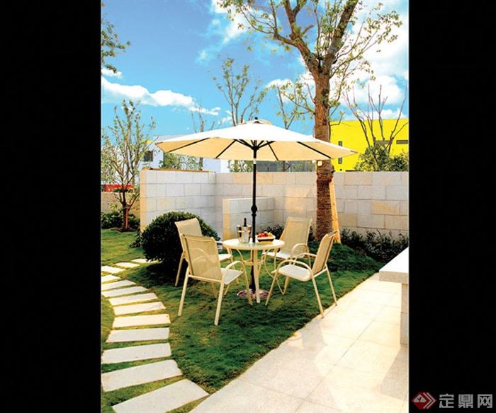 庭院花园,伞桌椅,遮阳伞,汀步,矮墙