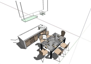 现代餐厅桌椅、柜台、吊灯设计SU(草图大师)模型