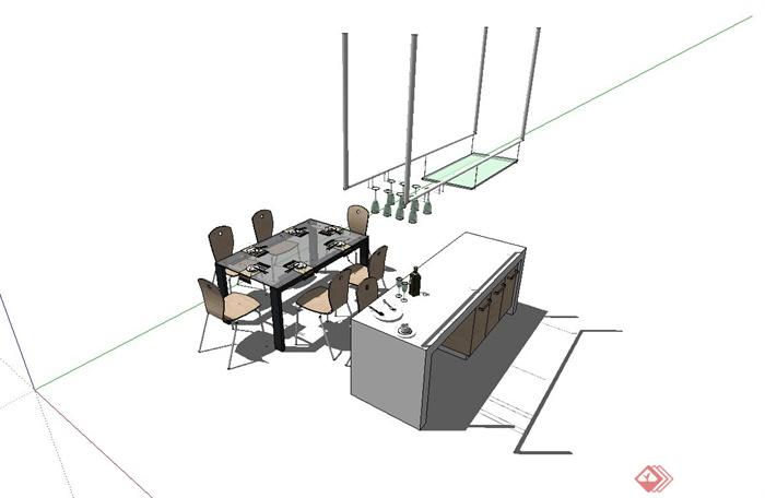 现代餐厅桌椅、柜台、吊灯设计su模型(2)
