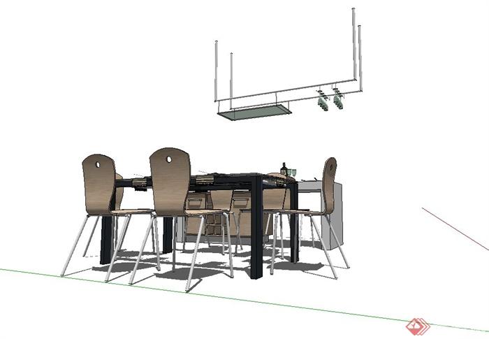 现代餐厅桌椅、柜台、吊灯设计su模型(3)