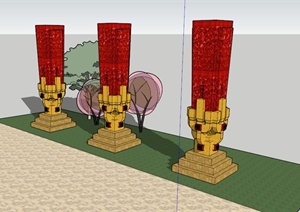 三个红色中式雕塑小品设计SU(草图大师)模型