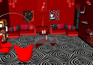 室内红色客厅装饰设计SU(草图大师)模型