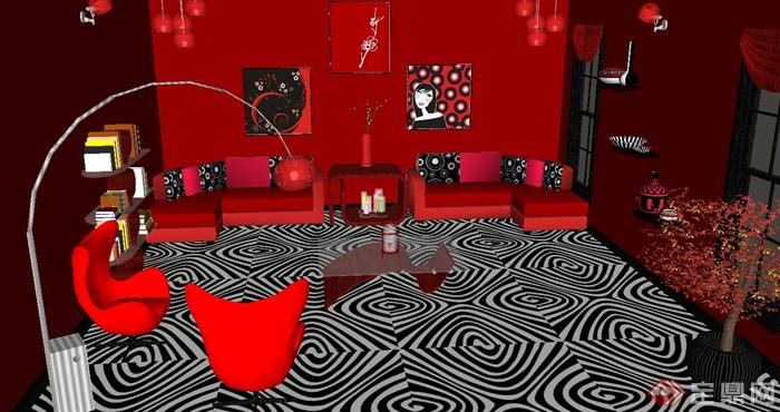 室内红色客厅装饰设计su模型(1)