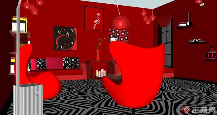 室内红色客厅装饰设计su模型(3)