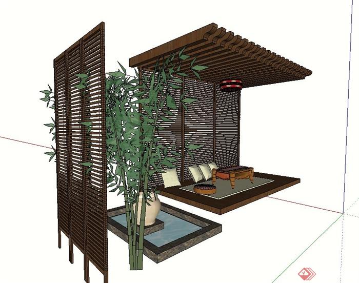 园林景观木质廊架景墙设计SU模型(3)