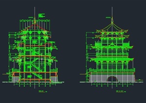 古典中式多层景观阁楼建筑设计CAD方案图