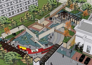 某现代风格公园设计SU(草图大师)模型含建筑