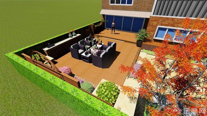 别墅庭院,庭院花园,休息平台,沙发组合,木平台