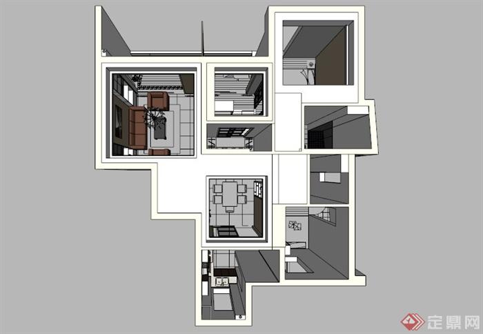 混搭两居室室内设计SU模型(5)