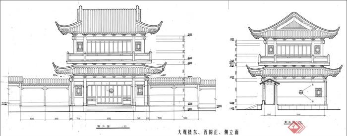 两层仿古建筑东西阁正侧立面图设计PSD效果图(1)