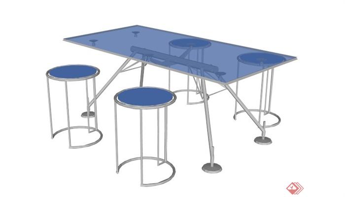 现代四人玻璃桌凳组合设计SU模型(1)