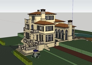 西班牙风格带水池别墅建筑设计SU(草图大师)模型