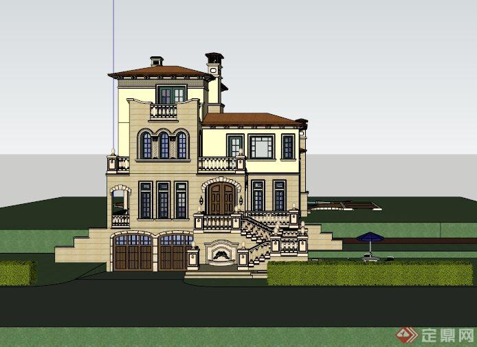 西班牙风格带水池别墅建筑设计SU模型(3)